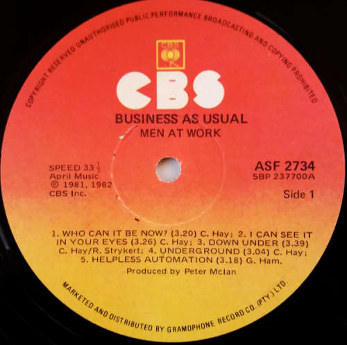 Men At Work 2 vinyl LPs - Business as Usual (VG+/VG+) and Cargo (VG+/VG+)