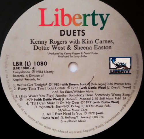 Kenny Rogers with Kim Carnes, Sheena Easton and Dottie West - Duets - vinyl lp (G-/VG)