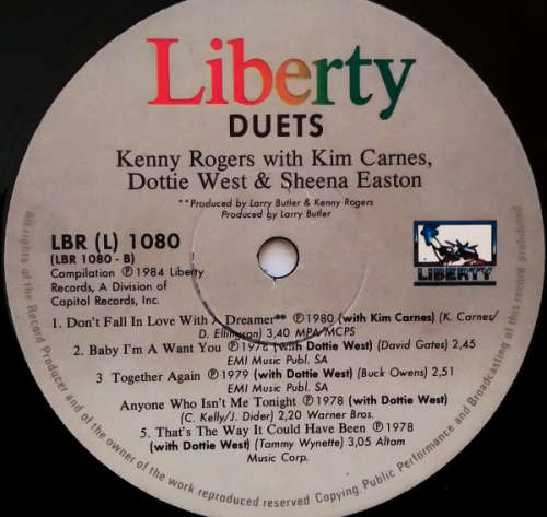 Kenny Rogers with Kim Carnes, Sheena Easton and Dottie West - Duets - vinyl lp (G-/VG)