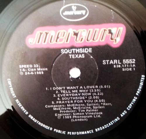 Texas - Southside vinyl lp with lyrics - import (NM-/VG+)