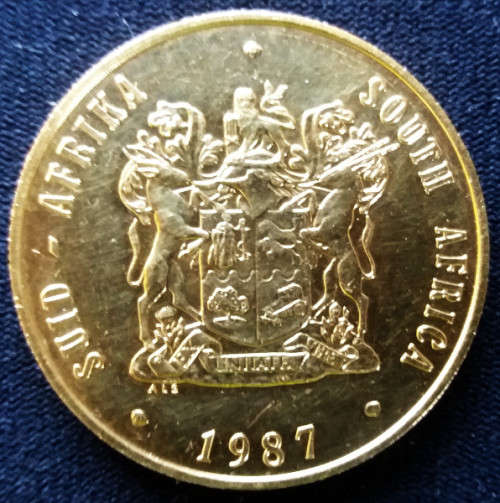 1987 SA gold plated R1 non circulated Coat of Arms Coin