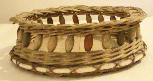 Woven wicker basket - small round beaded - pretty and unusual
