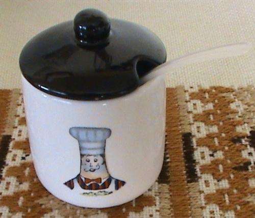 Mustard Pot white porcelain with Black lid & spoon "Chef" ex Cape Town.