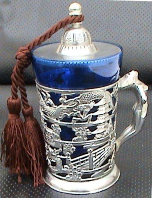 Oriental Design Chromed Pewter Holder and Nude Risque Lady Handle with Blue Mug / Tankard and lid