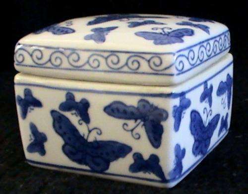 Genuine Ming Blue Porcelain Square Trinket Box with Lid - Butterflies