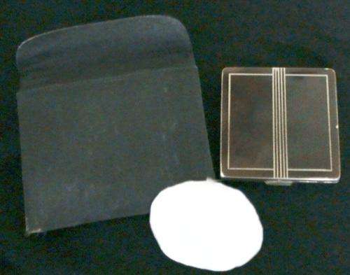 Vintage Argentinian square brass hand powder compact with mirror, powder puff and case (Rare)