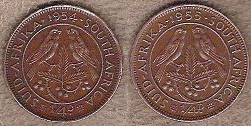 1954 and 1955 Farthings (1/4 d), Union of South Africa, Brass