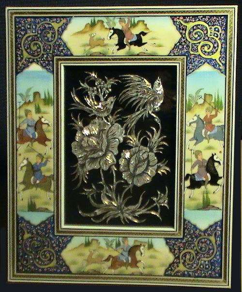 PERSIAN Miniature Art Work in KHATAM Inlaid Wooden Frame - All handmade.(Bird & Flowers)
