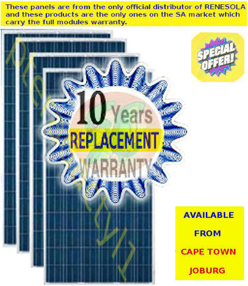 300w x4 SOLAR PANEL POLYCRYSTALLINE RENESOLA VIRTUS II (36v) SPECIAL LIMITED STOCK ex JHB & CT