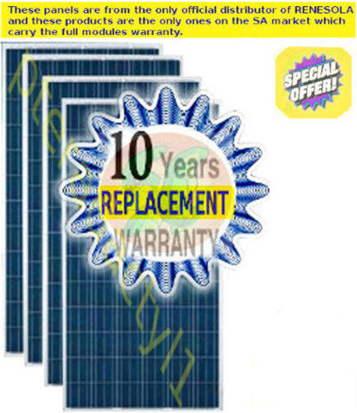 250w x4 SOLAR PANELS POLYCRYSTALLINE RENESOLA VIRTUS II (36v) LIMITED STOCK ex CPT &/ JHB