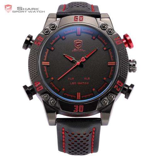 BRAND NEW Shark Black Red Dial Leather Band Military Men Sports Watch