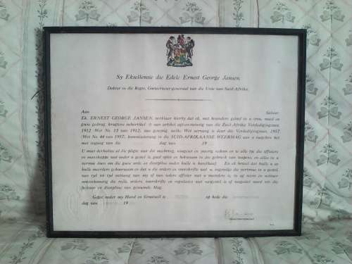 ORIGINAL UNION OF SOUTH AFRICA CERTIFICATE - 1957 GOVENOR GENERAL E.G JANSEN - FRAMED BEHIND GLASS