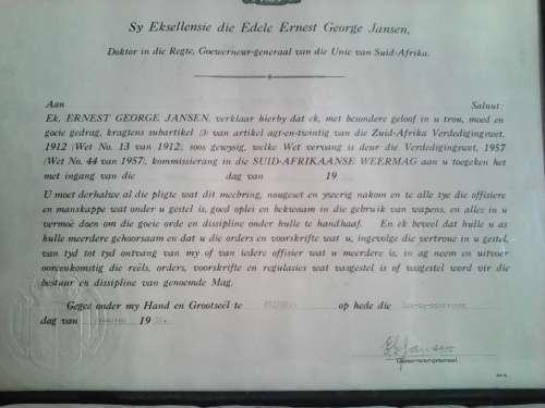 ORIGINAL UNION OF SOUTH AFRICA CERTIFICATE - 1957 GOVENOR GENERAL E.G JANSEN - FRAMED BEHIND GLASS