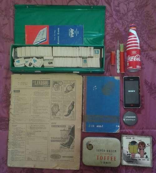 1956 LANDBOU WEEKBLAD, TILE RUMMY SET , COCA COLA BOTTLE, LOVE IS MIRROR,SONY CELLPHONE and more