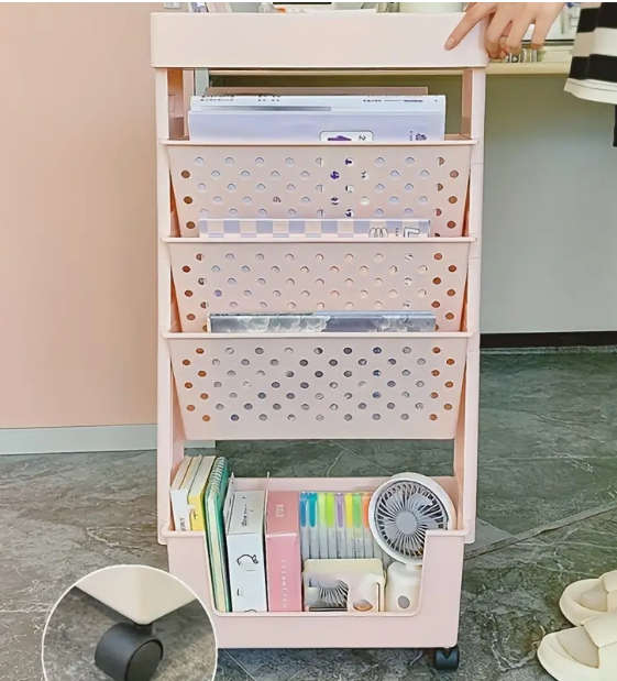 Movable Desk Magazine/Paper Storage Rackwith Wheels - Display Unit - Pink