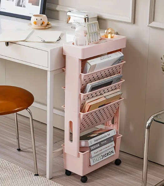 Movable Desk Magazine/Paper Storage Rackwith Wheels - Display Unit - Pink