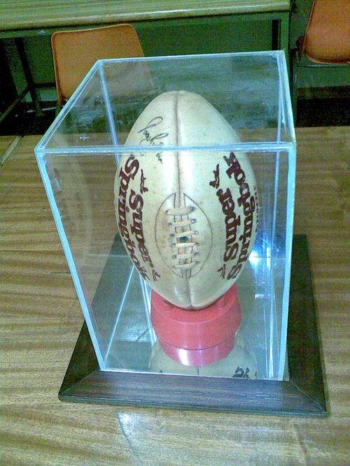 Super Springbok leather Ball, T and perspex Container