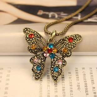 STUNNING ANTIQUE BRONZE CRYSTAL BUTTERFLY NECKLACE