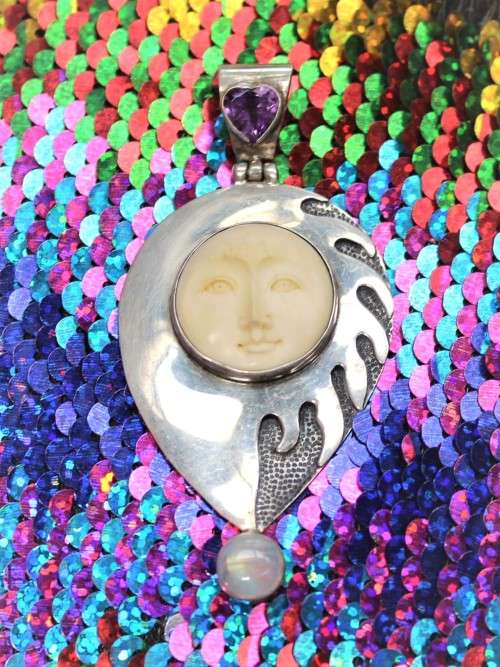Large Tibetan silver 8cm Pendant with amethyst & Moonstone