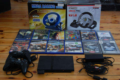 **FREE SHIPPING** PlayStation 2 Bundle with 2 Controllers, 2 Steering Wheels and 12 Games