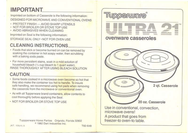 Vintage - Tupperware - ULTRA 21 Ovenware - Microwave 2qt Casserole Dish with Insrtructions
