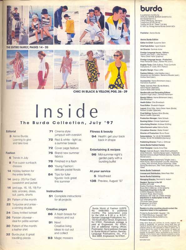 World of Fashion - BURDA - Sewing Pattern Magazine - no7 August 1997 - Used - Complete