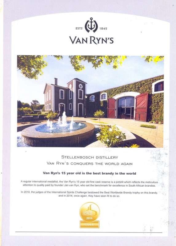 Van Ryn's Fine Cask Reserve Aged 15  years - Handcrafted Single Potstill Brandy ............