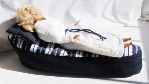 Fashion Dolls ( Barbie etc ) Denim Poof Pool Lounger, Cushion and Robe