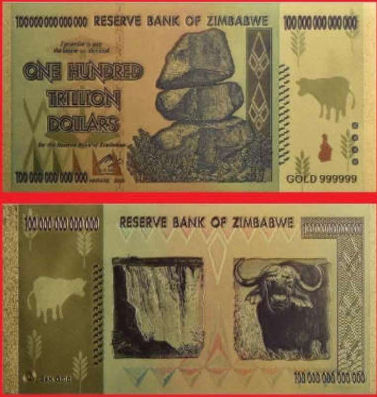 Zimbabwe 24k Gold Plated Replica of The Z$ 100 000 000 000 000, Banknote