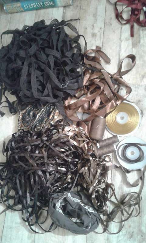 A lot of brown ribbons, quality laces and cotton