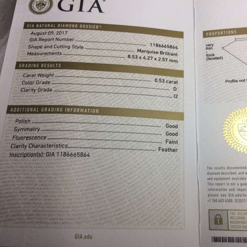 0.53 D I2 GIA Certified Marquise Loose Natural DIamond