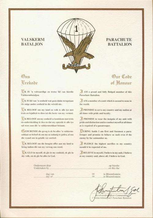 Parachute Battalion Code Of Honour signed by Colonel Jan Breytenbach
