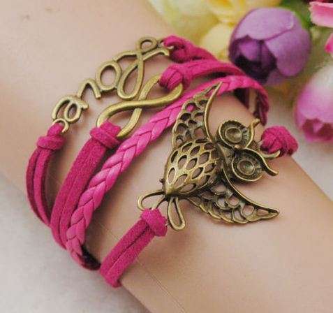 Infinity leather charm bracelet - Love owl