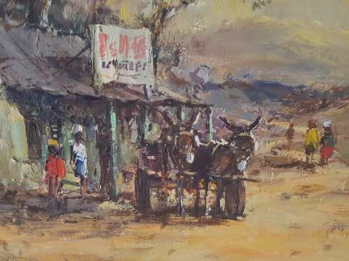 Christiaan Nice b.1939, "Donkey Cart (Plaas Winkel)"  Valuable Painting or Artwork