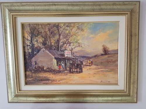Christiaan Nice b.1939, "Donkey Cart (Plaas Winkel)"  Valuable Painting or Artwork