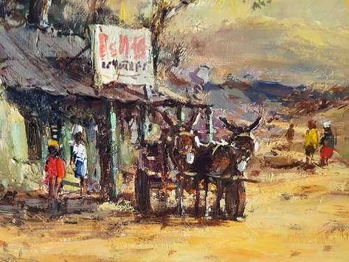 Christiaan Nice b.1939, "Donkey Cart (Plaas Winkel)"  Valuable Painting or Artwork