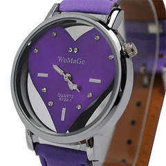 Fashion Elegant Heart Shaped Rhinestone Quartz Wrist Leather Watch Purple