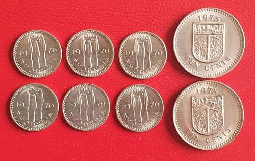Collection of Rhodesia 1970's coins (6 x 2½c and 2 x 10c)