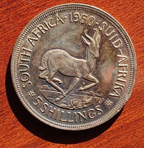 1950 Union of South 5 Shilling - Beautiful rainbow toning
