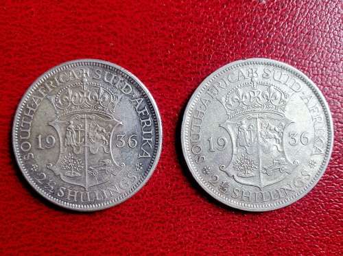 2 x 1936 Silver Half Crowns - Broken bust Error