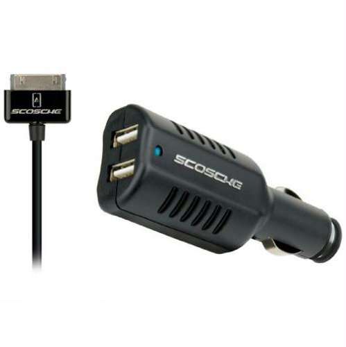 Scosche Dual USB Car Charger with Cable for iPod and iPhone 4G with 30 pin connector cable