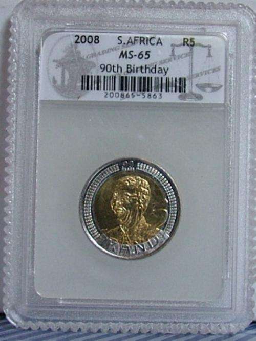 SACGS GRADED MS65 - MANDELA 90th BIRTHDAY 2008 R5 COIN