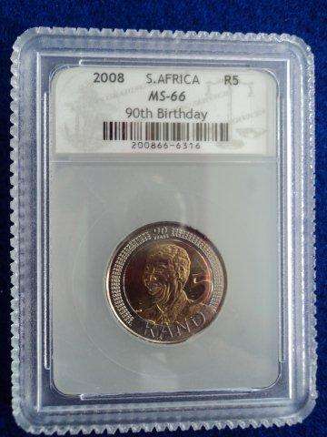 SACGS GRADED MS66 - MANDELA 90th BIRTHDAY 2008 R5 COIN