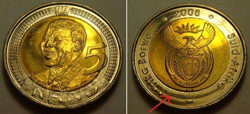 ERROR COIN - 2008 MANDELA BIRTHDAY R5 COIN NATURAL TONING AND UNTOUCHED
