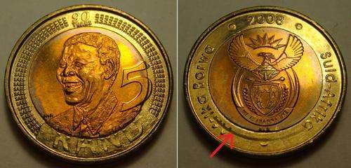 ERROR COIN - 2008 MANDELA BIRTHDAY R5 COIN NATURAL TONING AND UNTOUCHED