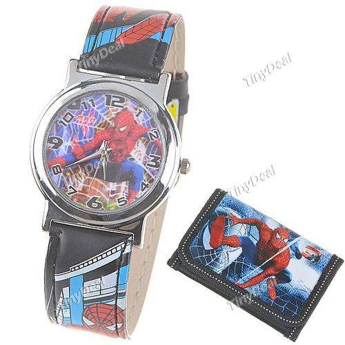 Cartoon Style SPIDER-MAN Quartz Watch Timepiece with Purse for Kids Children