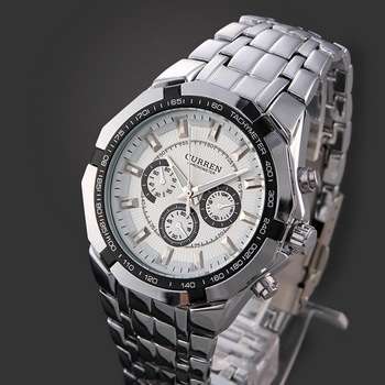 CURREN Traditional Stainless Steel Quartz Wrist Watch with Chain Band for Man Boy - White Dial