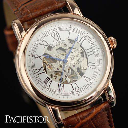 INFANTRY MEN'S Pacifistor Elegant Fashion Brown Leather Golden Skeleton Mechanical Wrist Watch NEW