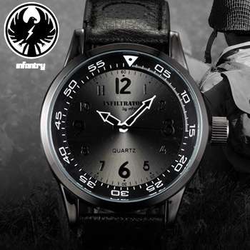 INFANTRY Men's Royal Russian Army Officer Black Leather Analog Quartz Wrist Watch NEW