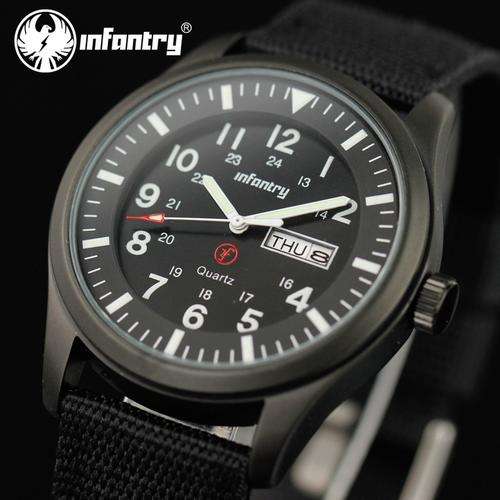 INFANTRY Men's Luminous Black Silver Case Date Day Police Army Fabric Strap Quartz Wrist Watch NEW